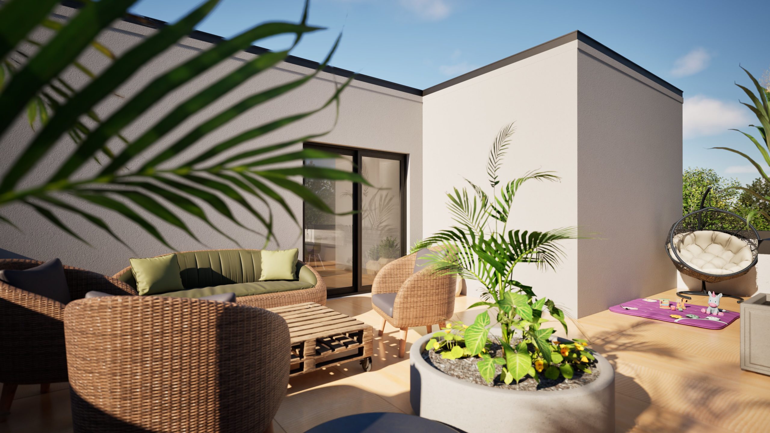 Terrasse eines Massivholz-Mehrfamilienhauses im Bauprojekt Wohnen am Naherholungsgebiet von KaWe-Bau, Visualisierung von LUXVIS