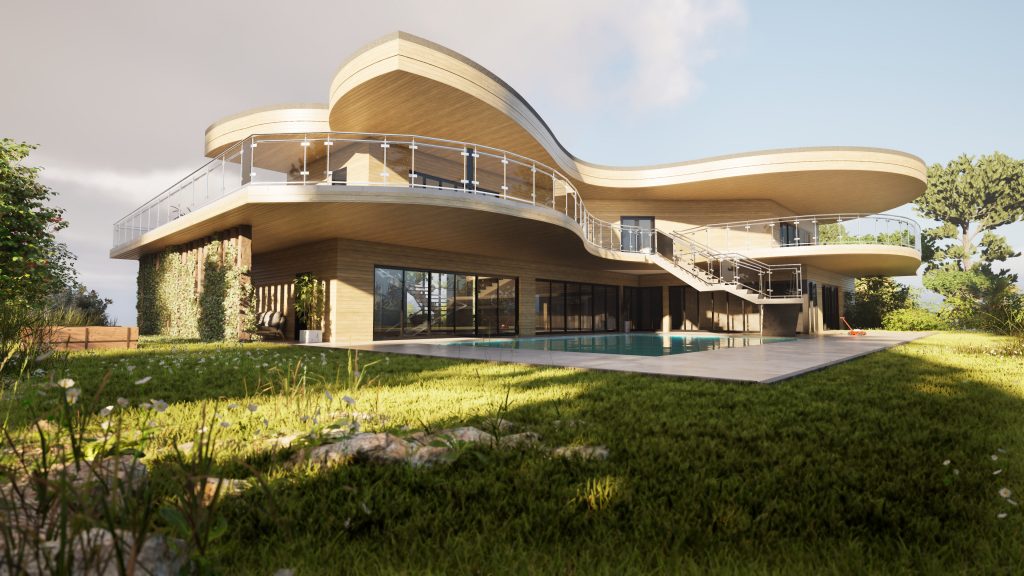 Fotorealistische Visualisierung einer geschwungenen Villa mit Holzlamellen-Dach und Pool