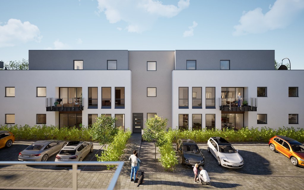Neubau-Mehrfamilienhaus mit begr&uuml;nter Vorzone, parkenden Autos und Bewohnern