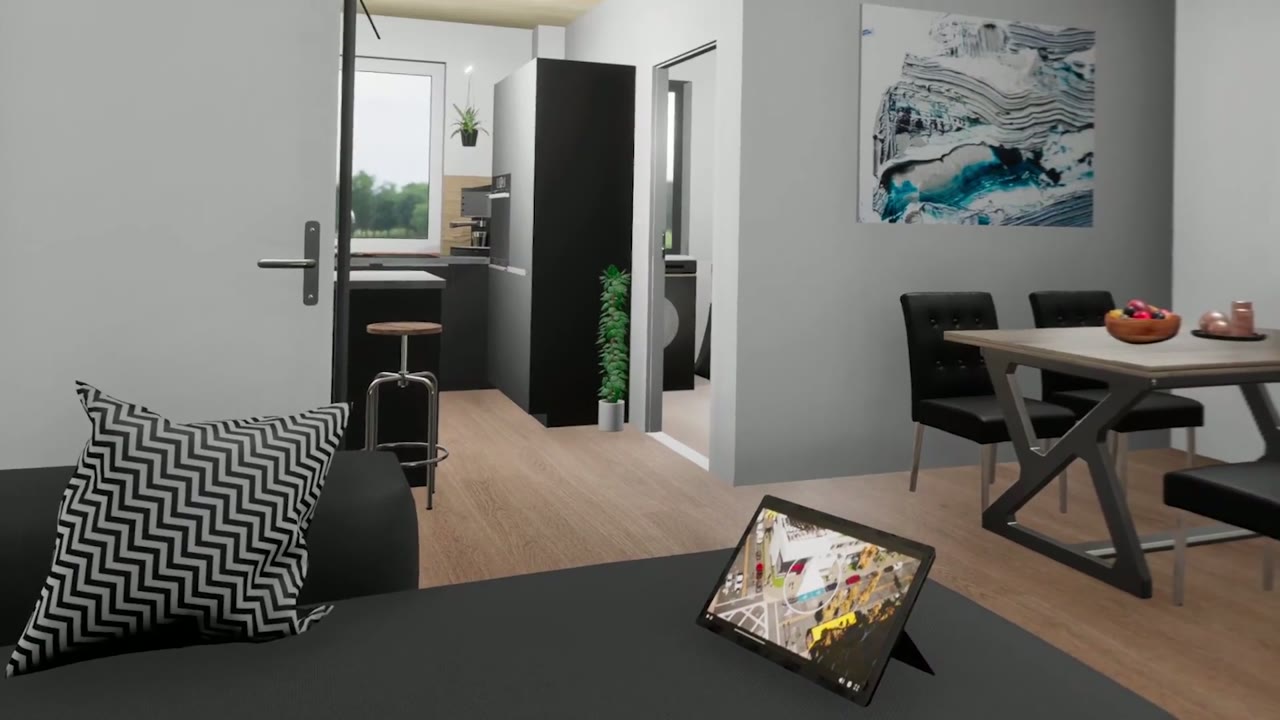 Standbild aus dem Unreal-Engine-VR-Rundgang: Wohn- und Essbereich