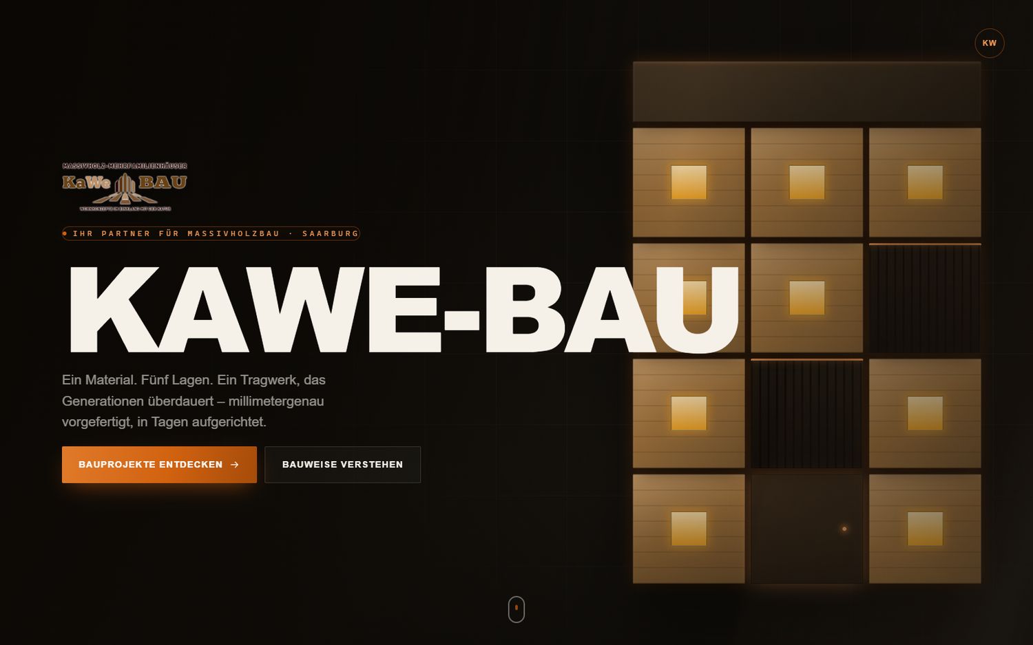 Startseite von kawe-bau.de: gro&szlig;e Wortmarke neben einem Raster aus Holzelementen