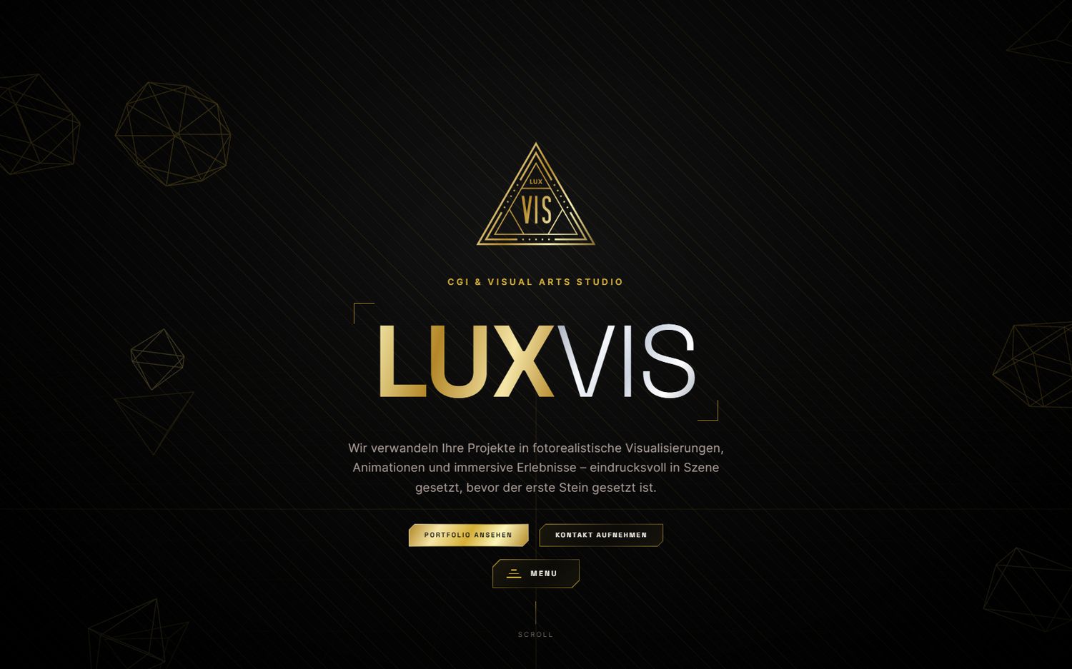 Startseite von luxvis.net: Wortmarke in Gold und Silber vor dunklem Raster