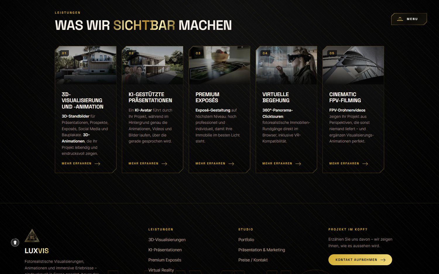 Leistungsabschnitt von luxvis.net mit f&uuml;nf abgeschr&auml;gten Karten