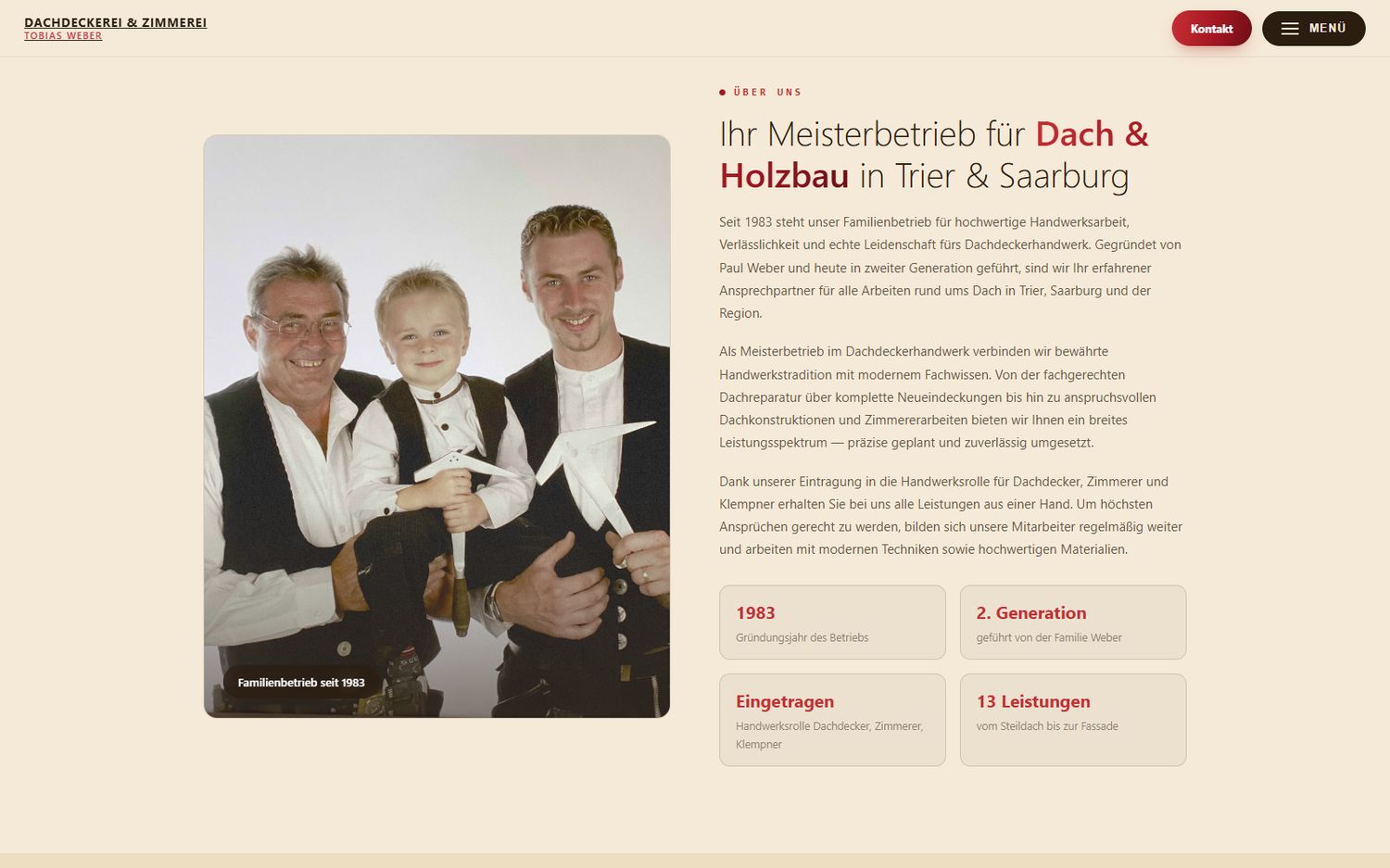 Abschnitt &bdquo;&Uuml;ber uns&ldquo; mit Betriebsfoto und vier Eckdaten