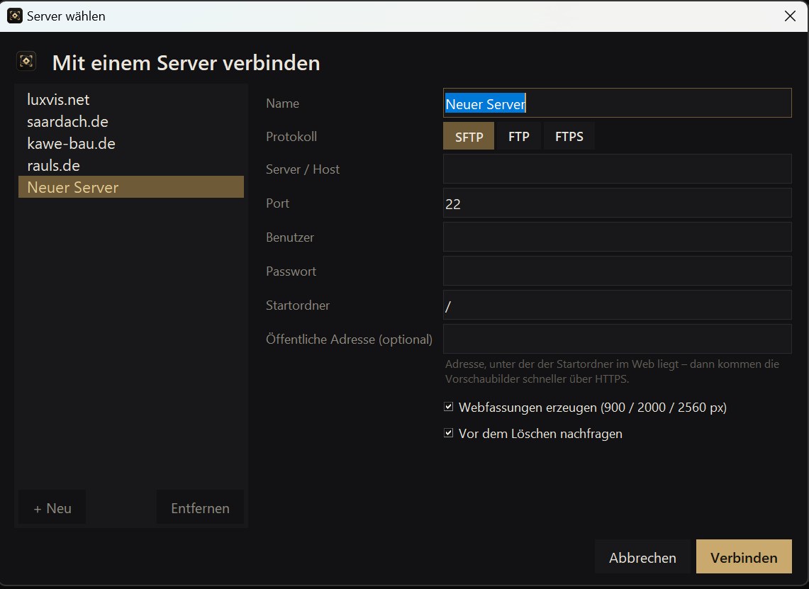 Der Dialog „Mit einem Server verbinden“: Serverliste links, rechts Protokoll, Host, Port, Benutzer, Startordner und öffentliche Adresse