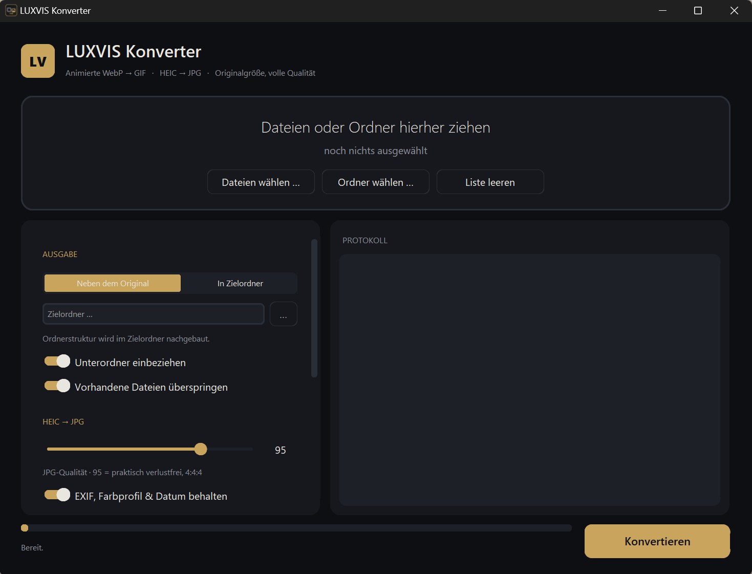 Das Fenster des LUXVIS Konverters: Ablagefläche oben, links Ausgabe, HEIC → JPG und weitere Einstellungen, rechts das Protokoll, unten Fortschritt und der Knopf „Konvertieren“