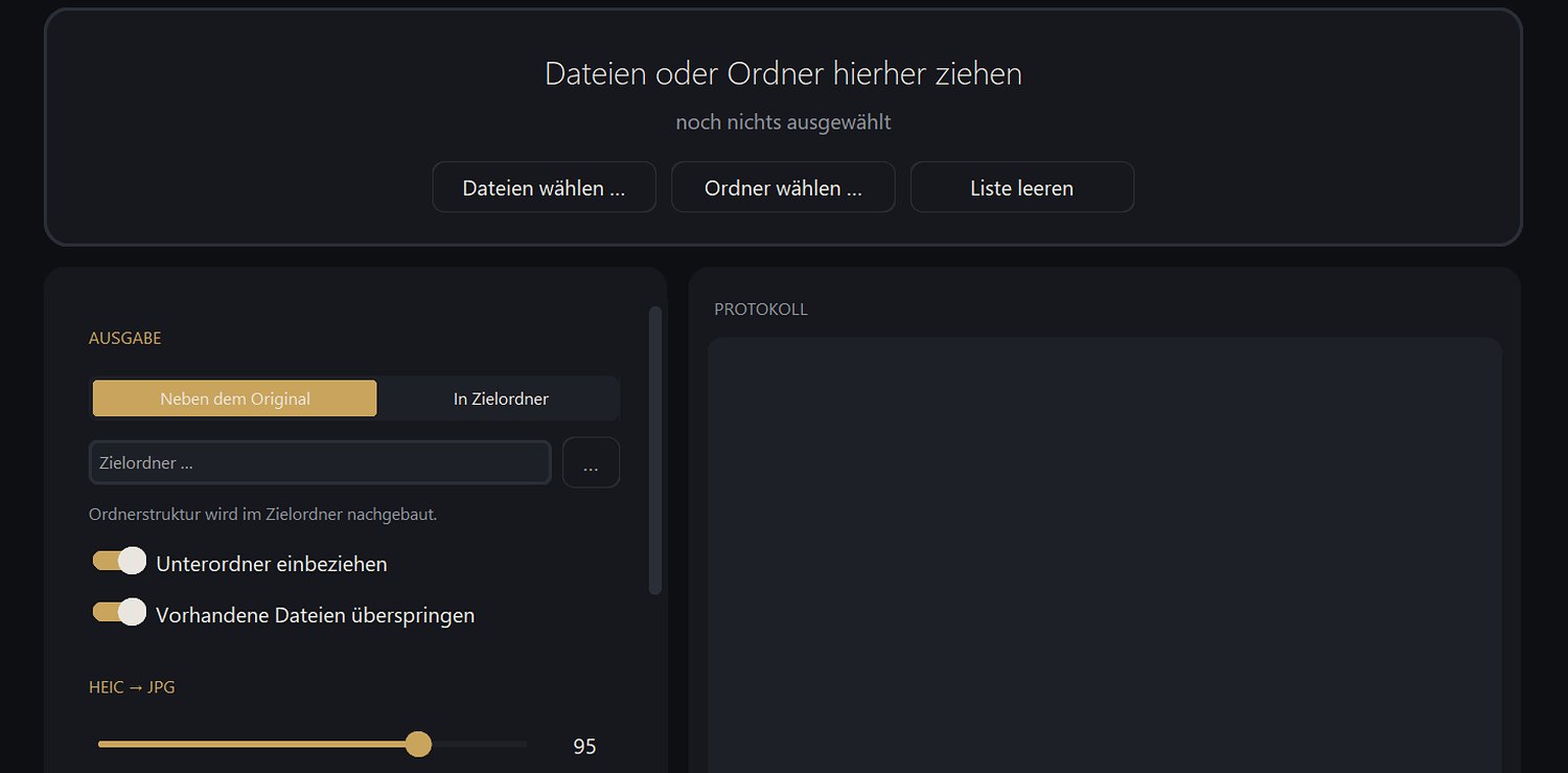 LUXVIS Konverter: Ablagefläche für Dateien und Ordner, darunter die Einstellungen für Ausgabe und HEIC → JPG sowie das Protokoll