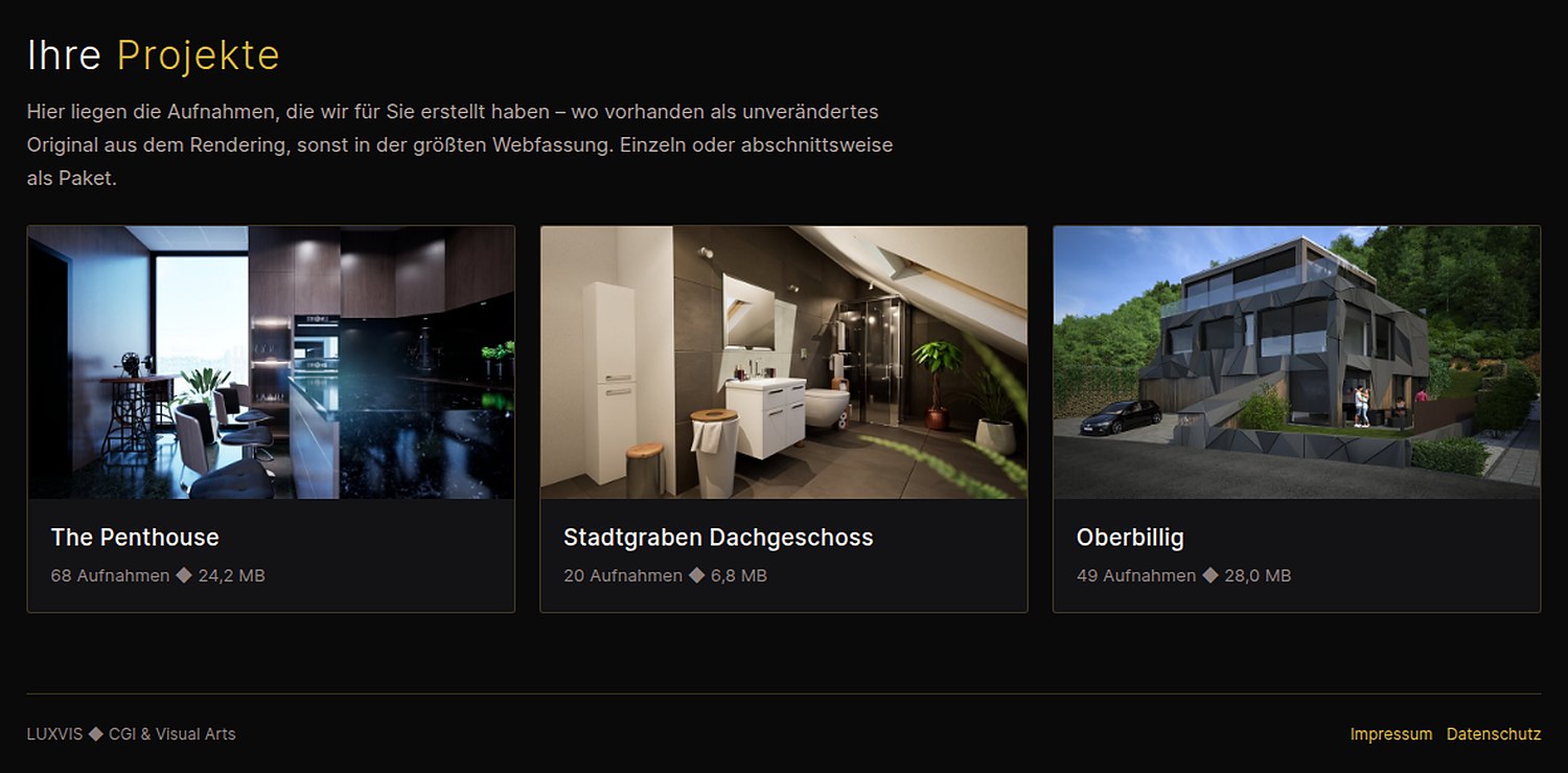 Kundenbereich von luxvis.net: drei freigegebene Projekte als Kacheln mit Anzahl und Größe