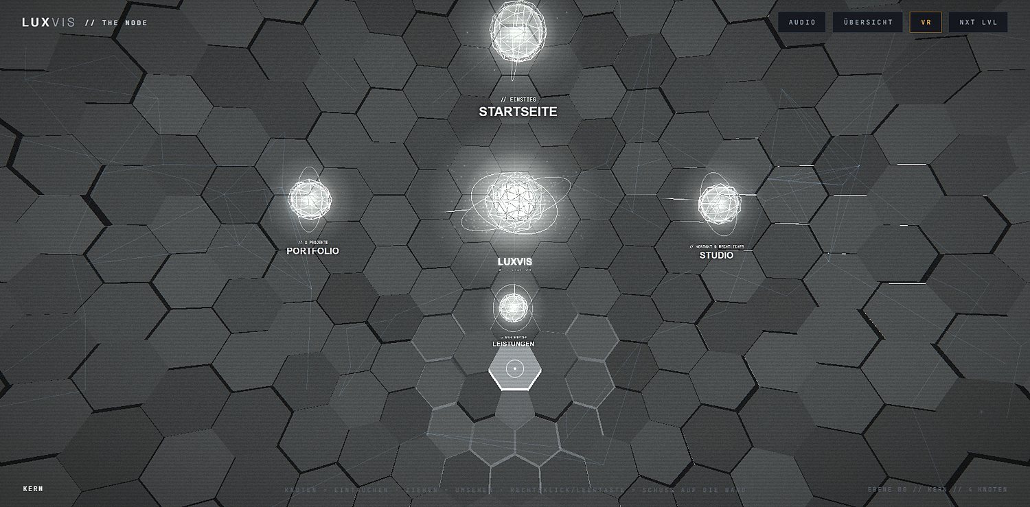 THE NODE 2: leuchtende Knotenkugeln vor einer dunklen Wabenwand