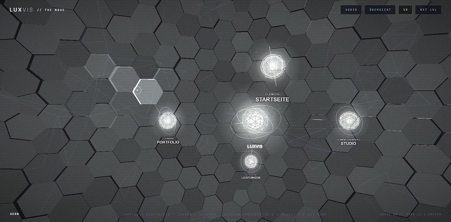 THE NODE 2: leuchtende Knoten vor einer dunklen Wabenwand, Ebene Kern