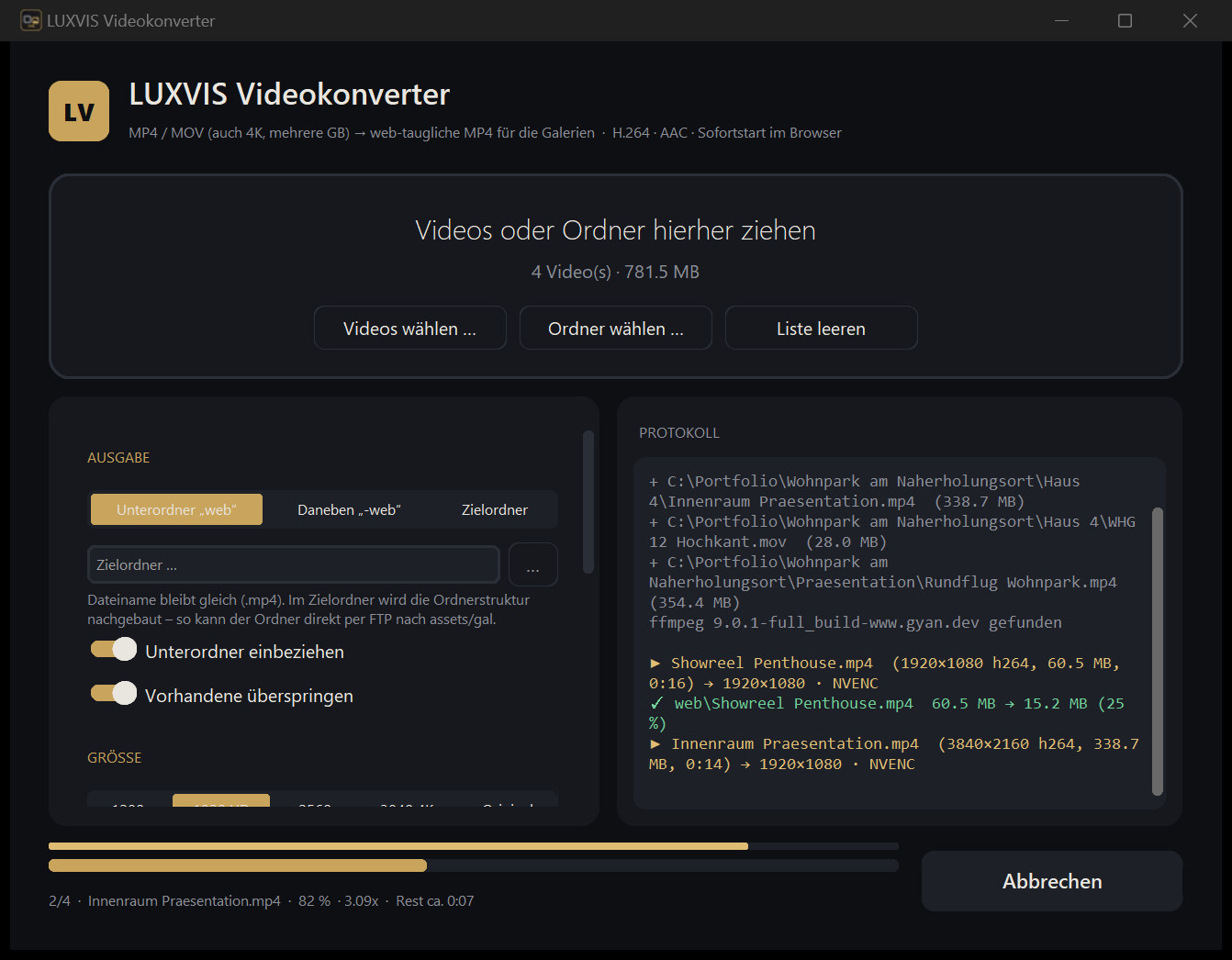 Das Fenster des LUXVIS Videokonverters während der Umwandlung: vier Videos in der Liste, links die Ausgabe-Einstellungen, rechts das Protokoll, unten zwei Fortschrittsbalken mit Geschwindigkeit und Restzeit und der Knopf „Abbrechen“
