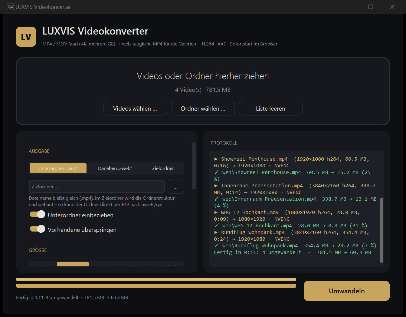 Das Fenster nach dem Lauf: Protokoll mit vier Zeilen, je Film Auflösung, Größe vorher und nachher und der Encoder, darunter die Summe – 781 MB wurden 60 MB in elf Sekunden
