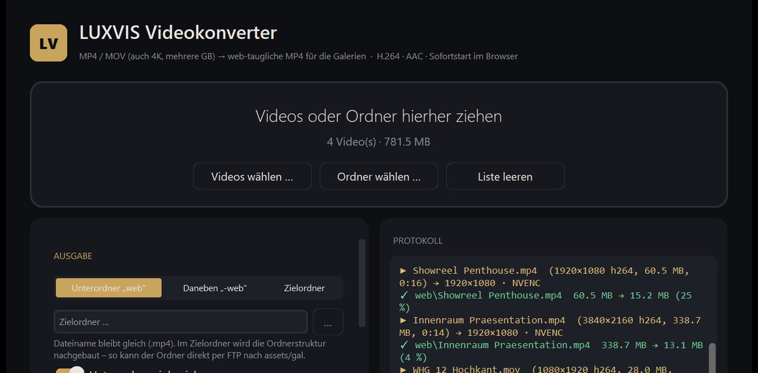 LUXVIS Videokonverter: Ablagefläche für Videos und Ordner, darunter die Ausgabe-Einstellungen und das Protokoll mit vier umgewandelten Filmen